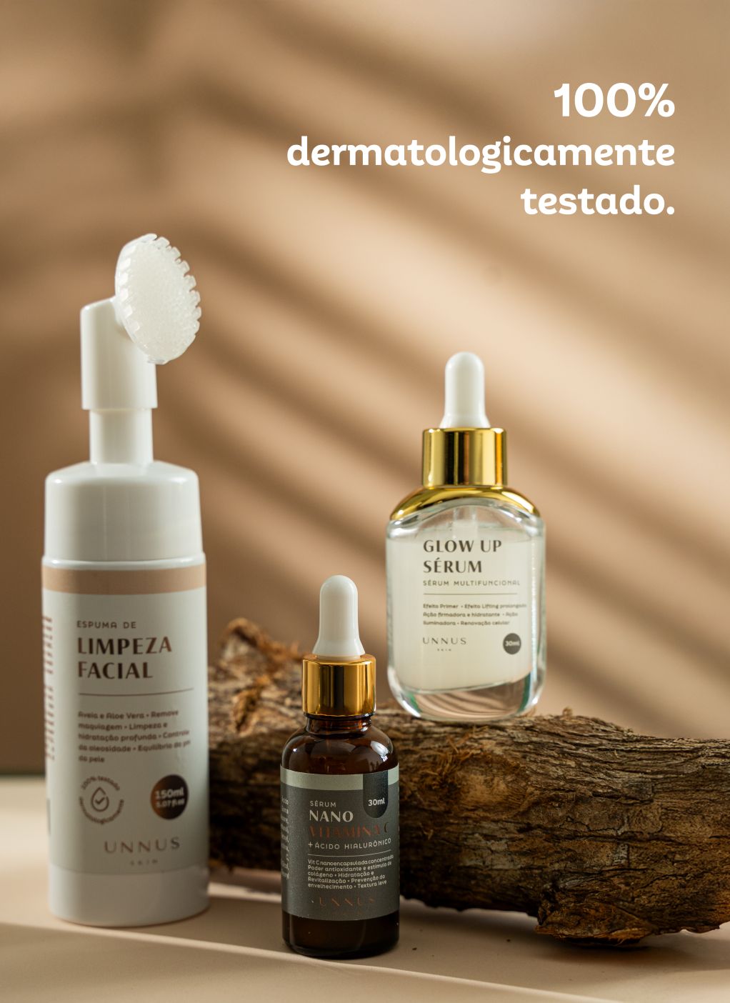 Linha completa UNNUS Skin: espuma de limpeza, sérum Nano Vitamina C e Glow Up Sérum